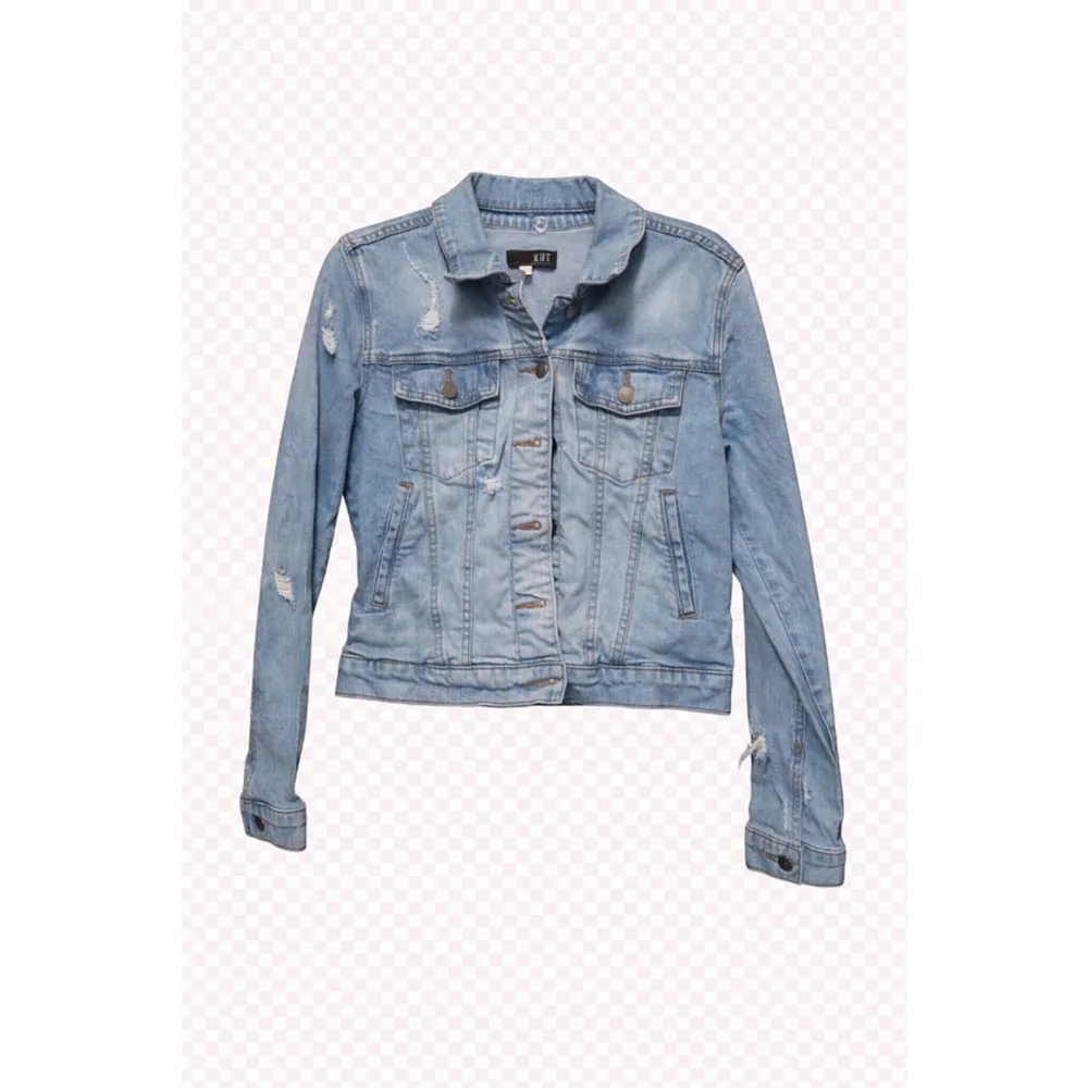 KUT From The Kloth Distressed Denim Jacket Small | Light Wash Stretch Jacket - Picture 2 of 5